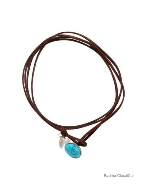 Jewelry - Layered Leather Choker Necklace with Turquoise Pendant for Women